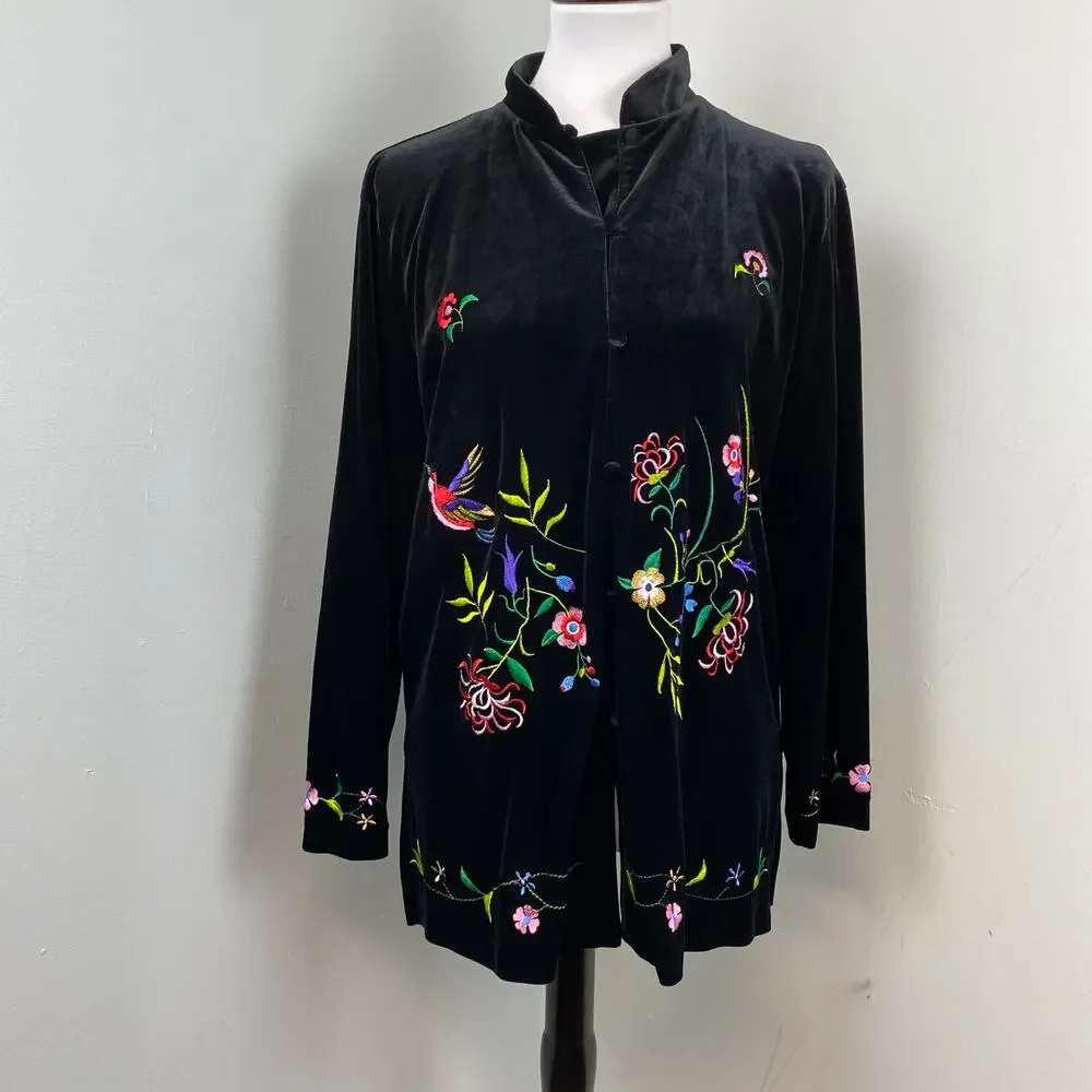 Susan Graver Black Velour Floral Embroidered Button Down Top Kimono Jacket Small - Picture 2 of 10